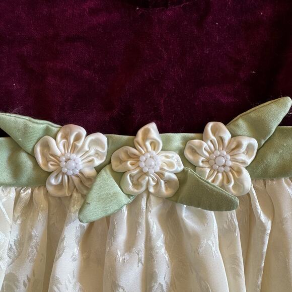 Vintage b.t. kids Baby Girls 24M Maroon Velvet Holiday Dress Ivory Damask Lace - Picture 6 of 16